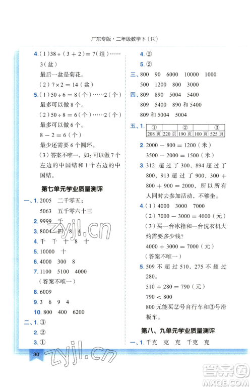 龙门书局2023黄冈小状元作业本二年级下册数学人教版广东专版参考答案