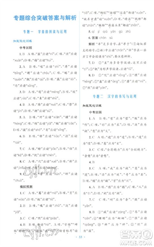 人民教育出版社2023初中总复习优化设计九年级语文人教版参考答案