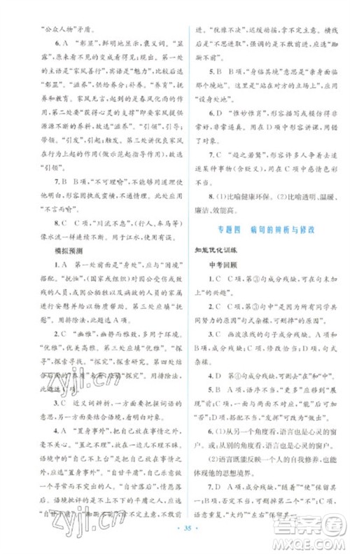 人民教育出版社2023初中总复习优化设计九年级语文人教版参考答案