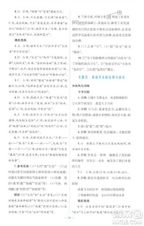 人民教育出版社2023初中总复习优化设计九年级语文人教版参考答案