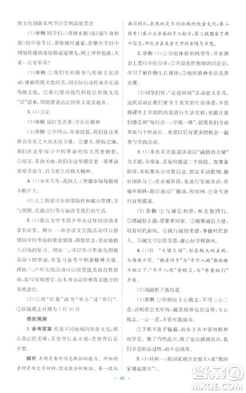 人民教育出版社2023初中总复习优化设计九年级语文人教版参考答案