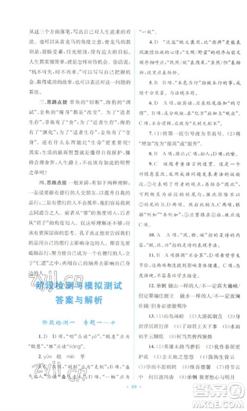 人民教育出版社2023初中总复习优化设计九年级语文人教版参考答案