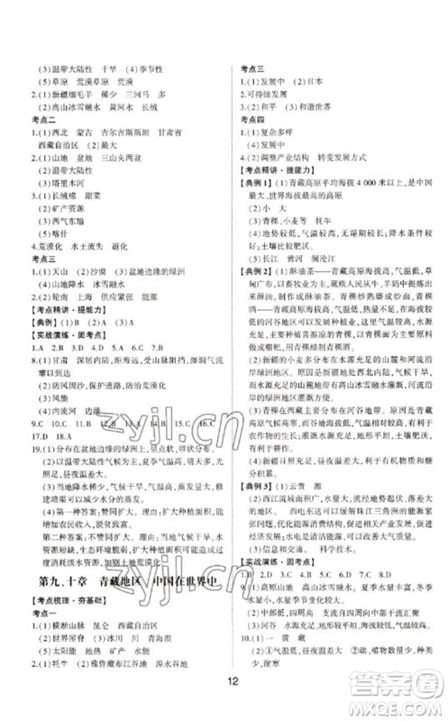 山东科学技术出版社2023初中总复习手册九年级地理通用版参考答案