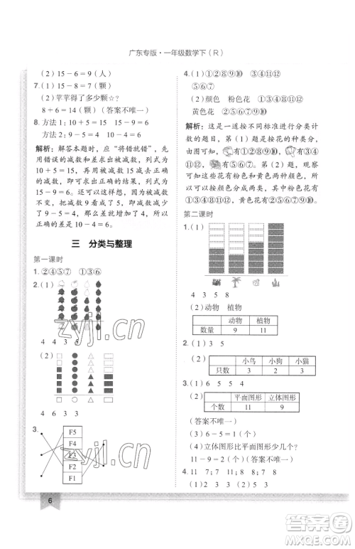 龙门书局2023黄冈小状元作业本一年级下册数学人教版广东专版参考答案