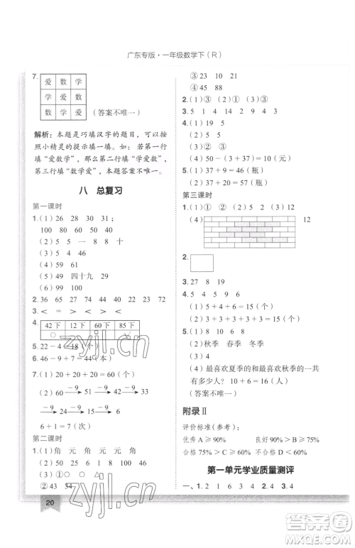 龙门书局2023黄冈小状元作业本一年级下册数学人教版广东专版参考答案
