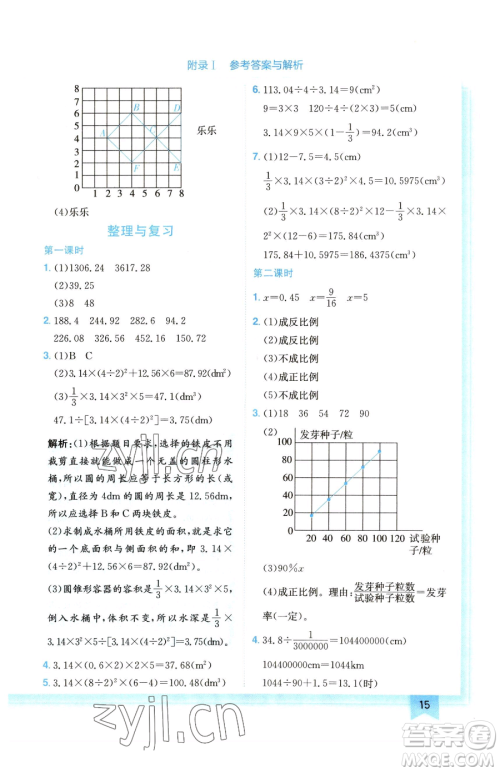 龙门书局2023黄冈小状元作业本六年级下册数学北师大版广东专版参考答案