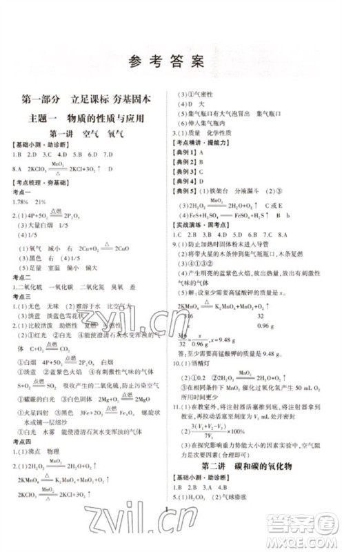 山东科学技术出版社2023初中总复习手册九年级化学通用版参考答案