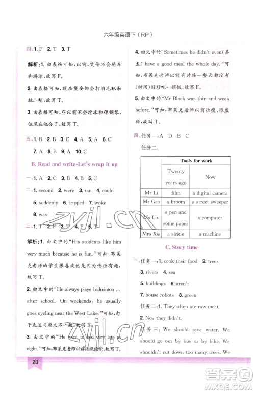 龙门书局2023黄冈小状元作业本六年级下册英语人教版参考答案 龙门书局2023黄冈小状元作业本六年级下册英语人教版参考答案