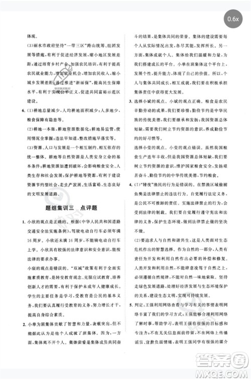 山东教育出版社2023初中总复习手册分层专题卷九年级道德与法治五四制通用版烟台专版参考答案