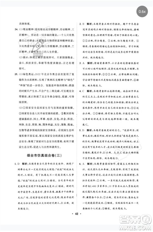 山东教育出版社2023初中总复习手册分层专题卷九年级道德与法治五四制通用版烟台专版参考答案