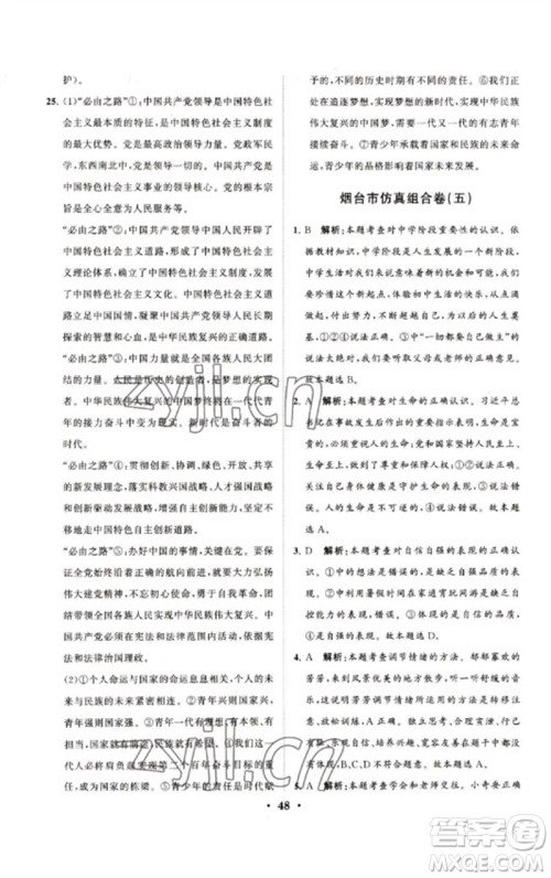 山东教育出版社2023初中总复习手册分层专题卷九年级道德与法治五四制通用版烟台专版参考答案