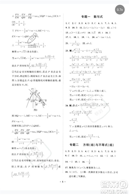 山东教育出版社2023初中总复习手册分层专题卷九年级数学五四制通用版烟台专版参考答案