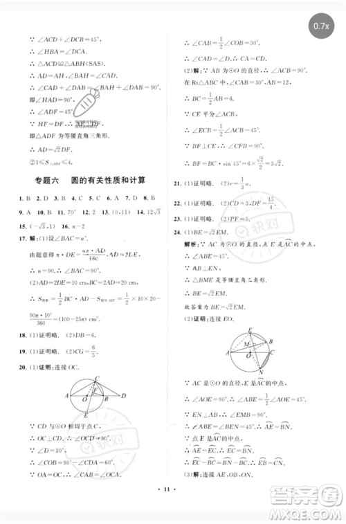 山东教育出版社2023初中总复习手册分层专题卷九年级数学五四制通用版烟台专版参考答案