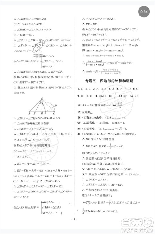 山东教育出版社2023初中总复习手册分层专题卷九年级数学五四制通用版烟台专版参考答案