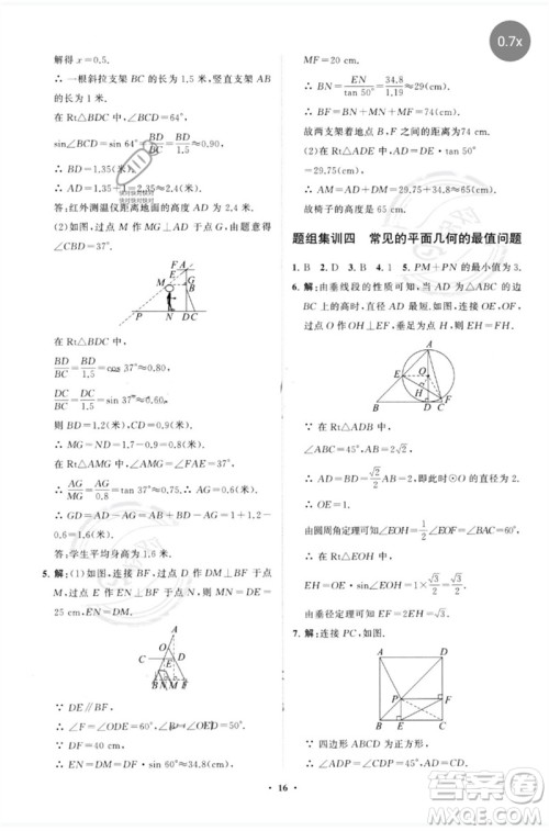 山东教育出版社2023初中总复习手册分层专题卷九年级数学五四制通用版烟台专版参考答案