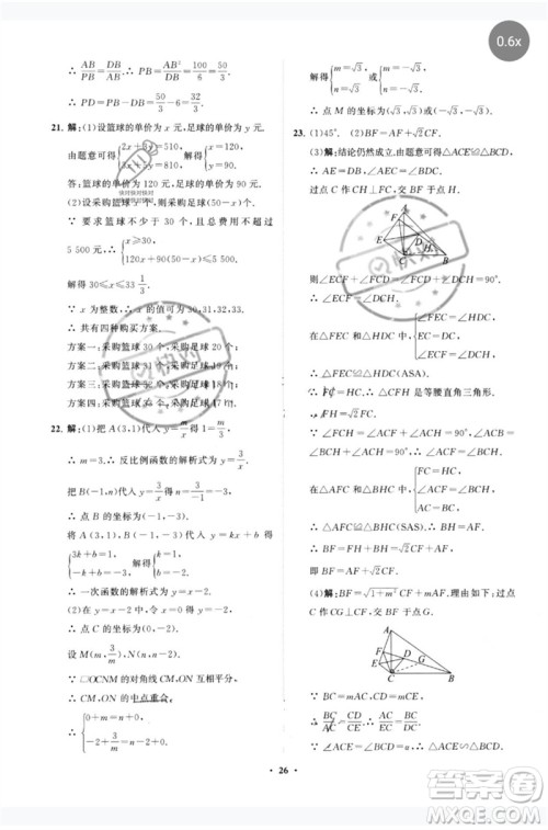 山东教育出版社2023初中总复习手册分层专题卷九年级数学五四制通用版烟台专版参考答案