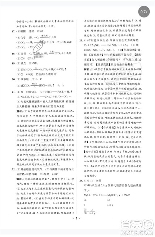 山东教育出版社2023初中总复习手册分层专题卷九年级化学五四制通用版烟台专版参考答案