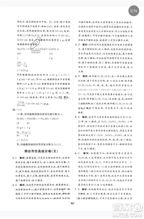 山东教育出版社2023初中总复习手册分层专题卷九年级化学五四制通用版烟台专版参考答案