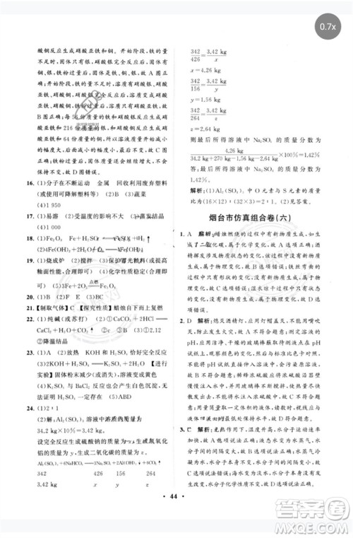 山东教育出版社2023初中总复习手册分层专题卷九年级化学五四制通用版烟台专版参考答案