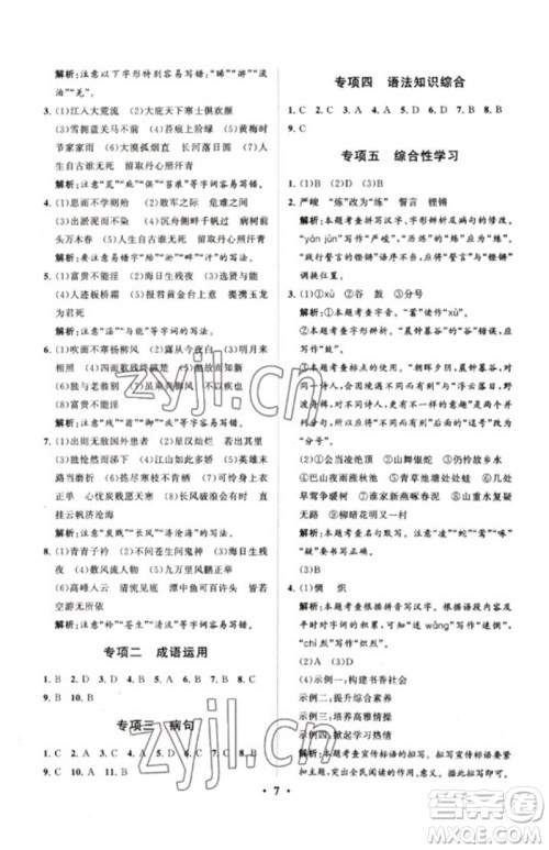 山东教育出版社2023初中总复习手册分层专题卷九年级语文五四制通用版烟台专版参考答案