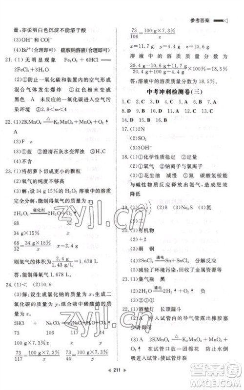 新世纪出版社2023初中总复习手册九年级化学通用版参考答案