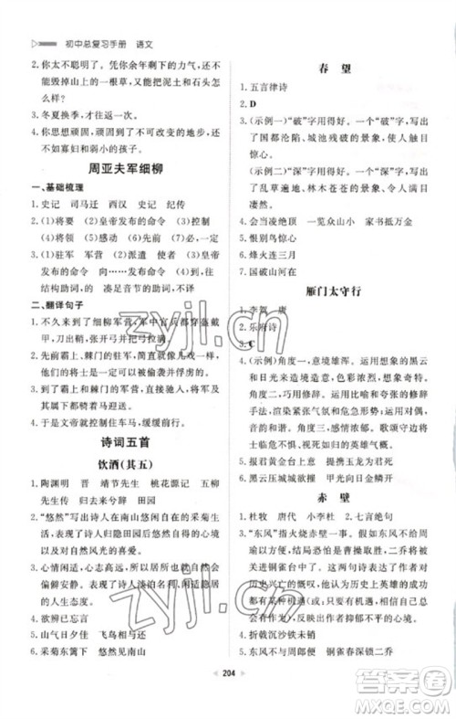 新世纪出版社2023初中总复习手册九年级语文通用版参考答案