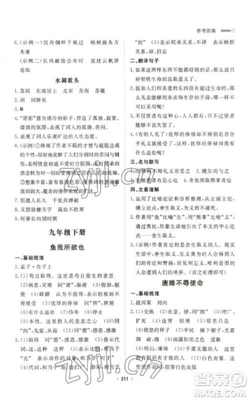 新世纪出版社2023初中总复习手册九年级语文通用版参考答案