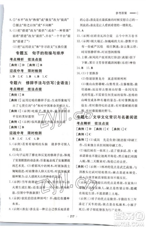 新世纪出版社2023初中总复习手册九年级语文通用版参考答案