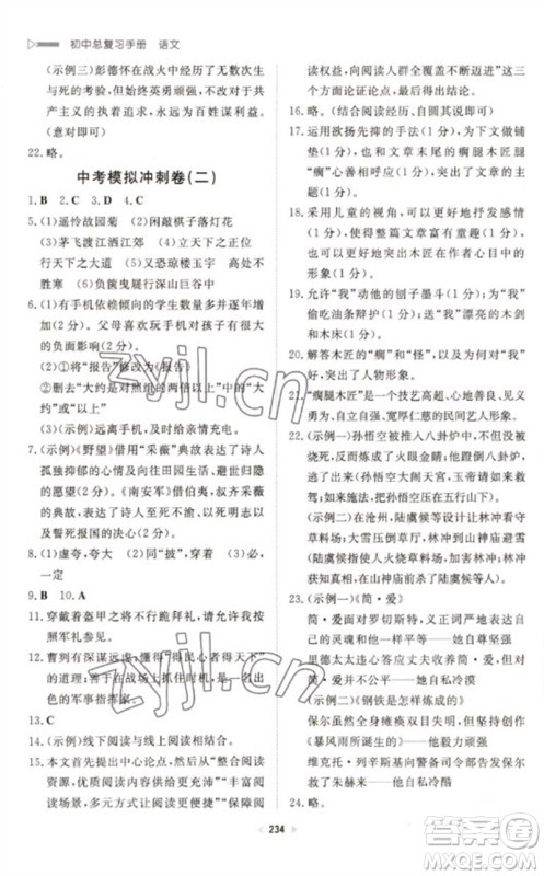 新世纪出版社2023初中总复习手册九年级语文通用版参考答案