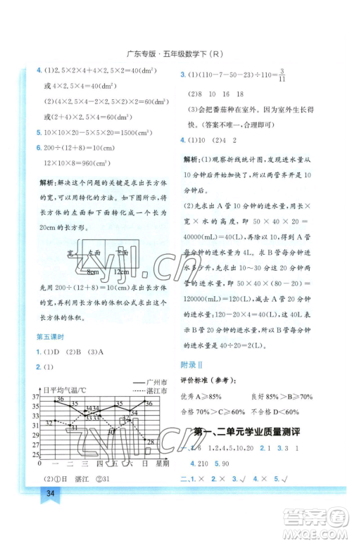 龙门书局2023黄冈小状元作业本五年级下册数学人教版广东专版参考答案