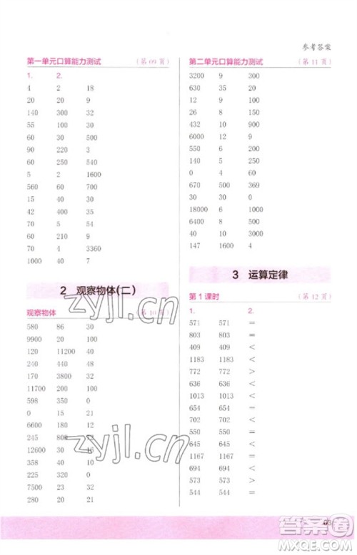 江苏凤凰少年儿童出版社2023口算小状元口算速算天天练四年级数学下册人教版参考答案 江苏凤凰少年儿童出版社2023口算小状元口算速算天天练四年级数学下册人教版参考答案