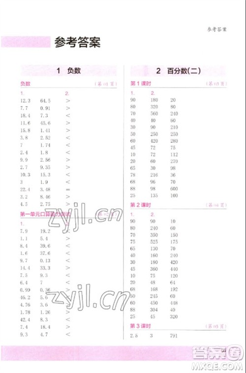 江苏凤凰少年儿童出版社2023口算小状元口算速算天天练六年级数学下册人教版参考答案 江苏凤凰少年儿童出版社2023口算小状元口算速算天天练六年级数学下册人教版参考答案