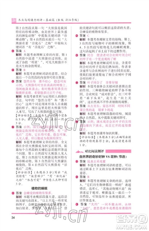 江苏凤凰文艺出版社2023木头马阅读力测评三年级语文下册人教版浙江专版B版参考答案