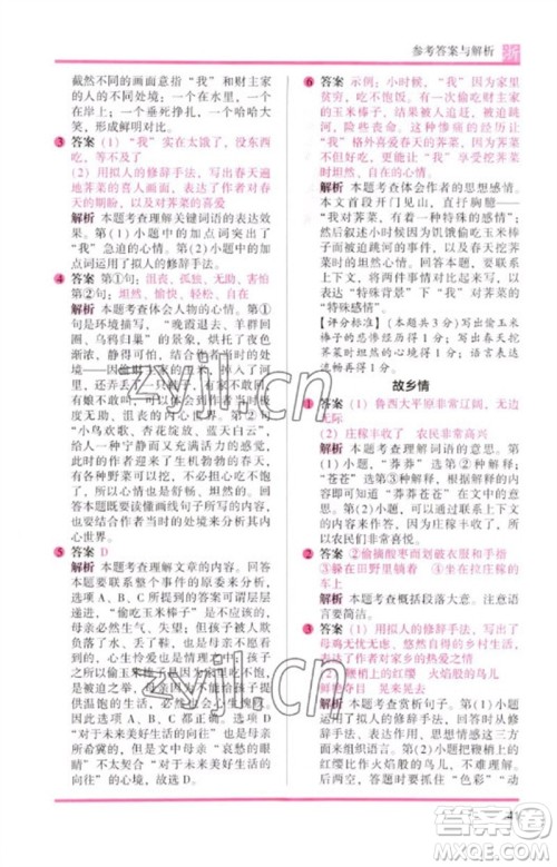 江苏凤凰文艺出版社2023木头马阅读力测评三年级语文下册人教版浙江专版B版参考答案