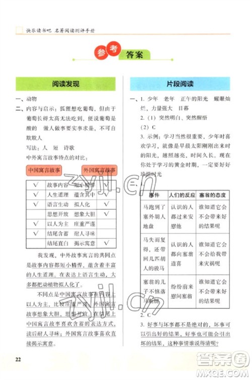 江苏凤凰文艺出版社2023木头马阅读力测评三年级语文下册人教版浙江专版B版参考答案