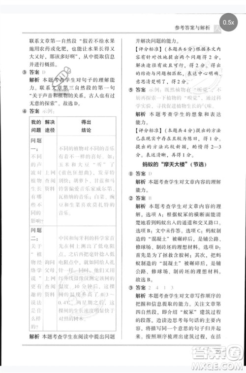 湖南师范大学出版社2023木头马阅读力测评四年级语文人教版B版参考答案
