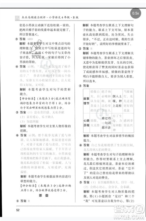 湖南师范大学出版社2023木头马阅读力测评四年级语文人教版B版参考答案