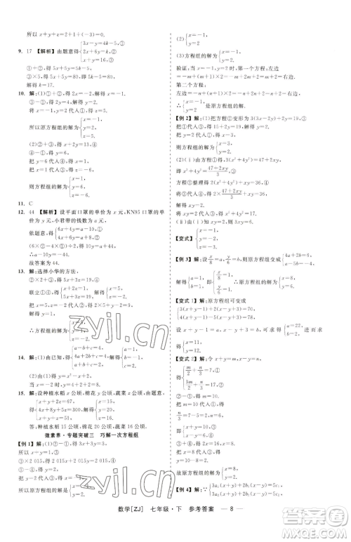 浙江工商大学出版社2023精彩练习就练这一本七年级下册数学浙教版参考答案