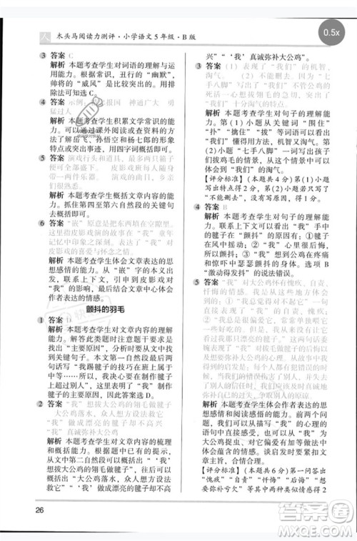 湖南师范大学出版社2023木头马阅读力测评五年级语文人教版B版参考答案 湖南师范大学出版社2023木头马阅读力测评五年级语文人教版B版参考答案