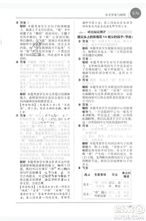 江苏凤凰文艺出版社2023木头马阅读力测评五年级语文下册人教版浙江专版B版参考答案