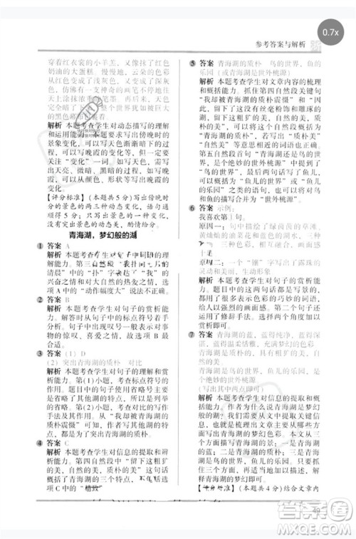 江苏凤凰文艺出版社2023木头马阅读力测评五年级语文下册人教版浙江专版B版参考答案