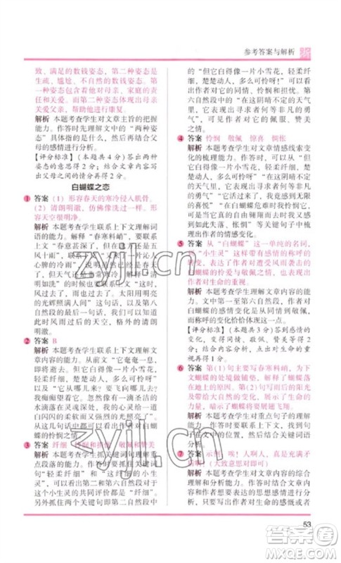 江苏凤凰文艺出版社2023木头马阅读力测评六年级语文下册人教版浙江专版B版参考答案