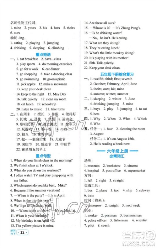 江西教育出版社2023阳光同学默写小达人六年级英语下册人教PEP版参考答案