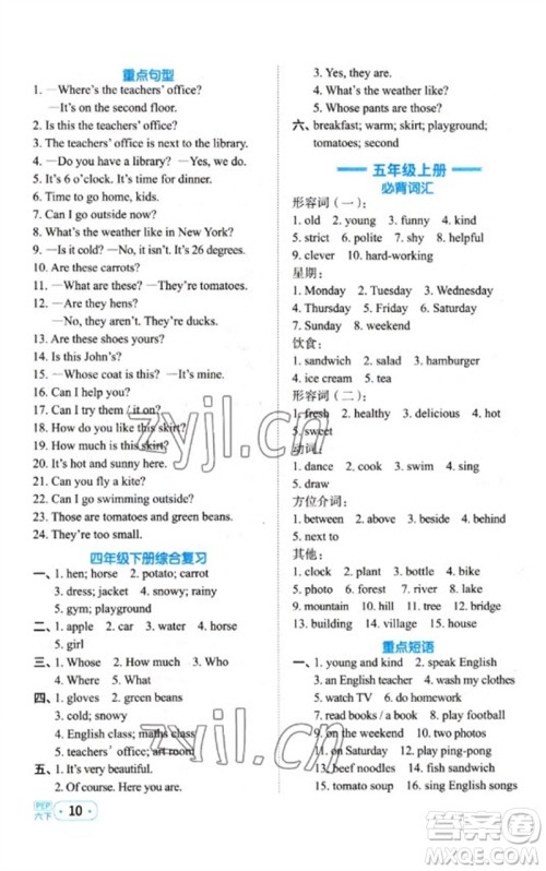 江西教育出版社2023阳光同学默写小达人六年级英语下册人教PEP版参考答案