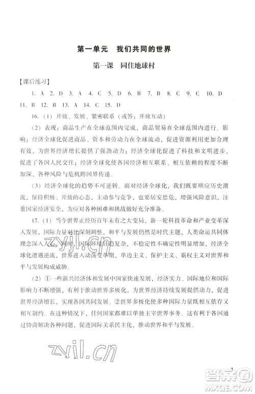 广州出版社2023阳光学业评价九年级下册道德与法治人教版参考答案