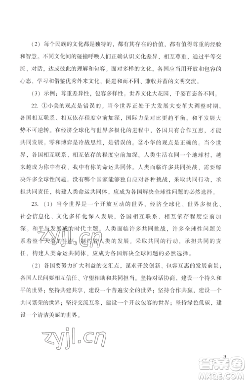 广州出版社2023阳光学业评价九年级下册道德与法治人教版参考答案