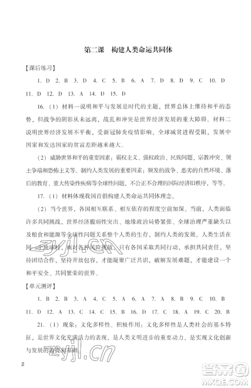 广州出版社2023阳光学业评价九年级下册道德与法治人教版参考答案