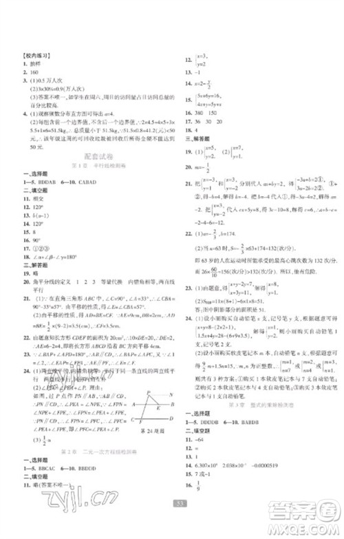 浙江教育出版社2023精准学与练七年级数学下册浙教版参考答案