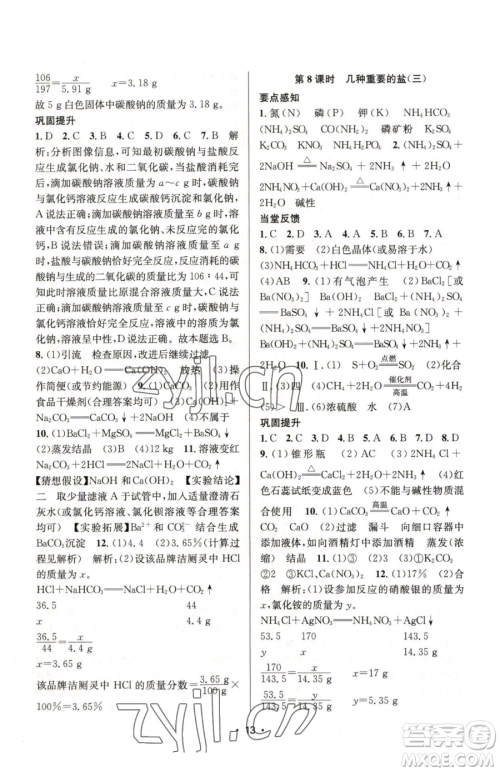 江苏凤凰美术出版社2023创新课时作业本九年级下册化学上教版参考答案
