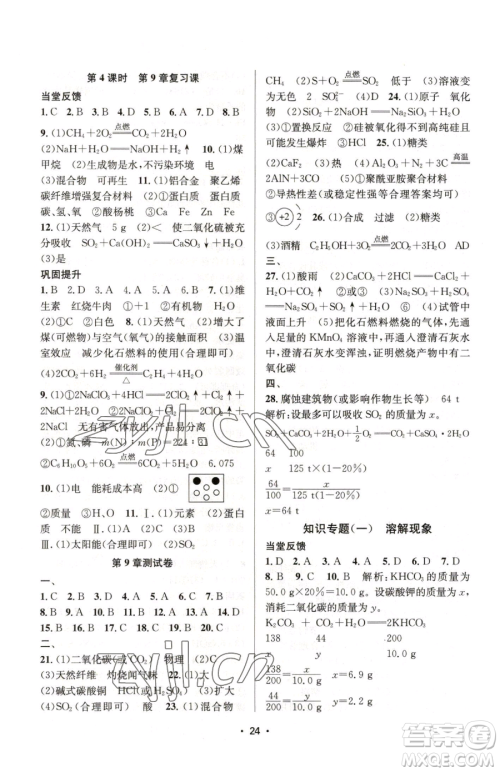 江苏凤凰美术出版社2023创新课时作业本九年级下册化学上教版参考答案